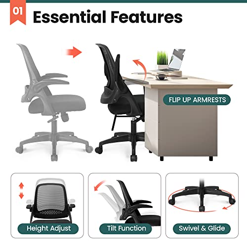 NEO CHAIR Office Desk Chair, Ergonomic Mesh with Flip-Up Armrests, Black | Lumbar Support, Height Adjustment, 360° Swivel and Rolling Base, Space-Saving Design for Home Office, Vanity or Study - color: Black