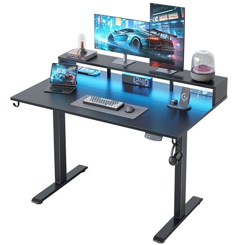 Klicelor Electric Standing Desk with Shelf, 48 Inch Height Adjustable Desk with Power Outlets & LED, Sit Stand Up Table with Monitor Stand, Computer Workstation for Home Office, Black - color: Black, size: 48 x 24 Inches with led and power strips