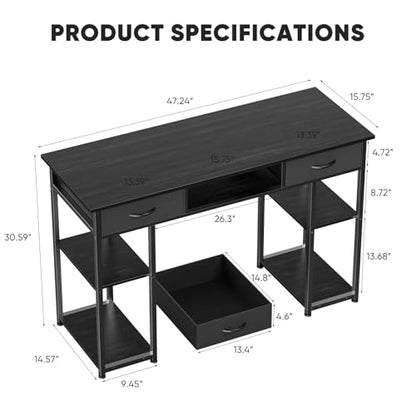 DUMOS 48-Inch Computer Desk with Drawers and Hook, Black | Home Office Desk for Bedroom, Gaming Writing Study Desk with Adjustable Feet - color: Black, size: 48-In