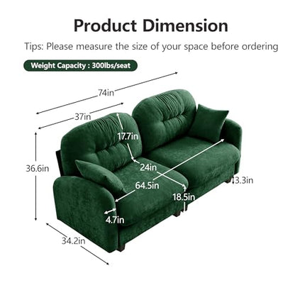 Modular Loveseat Sofa Mini Couch with Premium Chenille Fabric and Tufted Pleated Backrest Flexible Small Couch for Bedroom and Living Room Ergonomic 2-Seater Sofa for Adults and Compact Spaces (Green) | Sturdy & Durable - color: Green