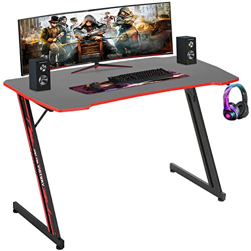 BestOffice | 47" Gaming Table | Red | Z-Shaped Computer Desk | with Steel Frame, Headphone Hook, Adjustable Feet | Carbon Fiber Texture| Easy to Clean | for Gaming, Home Office - color: Red, size: 47 Inch Z Shaped
