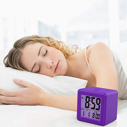 Plumeet Digital Alarm Clock for Kids with Snooze and Nightlight - Easy Setting Silicone Display Time, Date - Loud for Bedroom - Battery Powered (Purple) - color: Purple