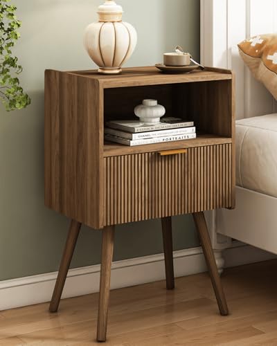 Nightstand,Modern Bedside Table with Storage Drawer and Open Wood Shelf, for Living Room, Bedroom and Small Spaces, Accent Night Stand with Solid Wood Legs, Easy Assembly,Walnut Brown - color: Walnut Brown