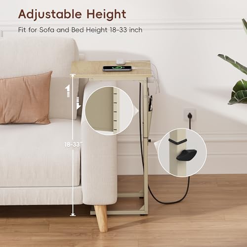 C Shaped End Table with Charging Station, Adjustable Height C Table End Table, Small Side Table for Couch, Couch Table Slide Under Sofa Table TV Tray Arm Table for Living Room,Bedroom,Natural - color: Natural Walnut, style: With Plug