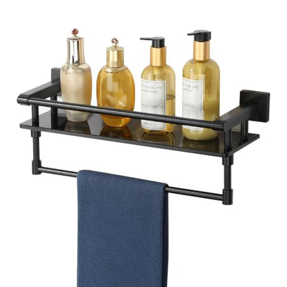 Alise Bathroom Shelf with Towel Bar,16 Inch Matte Black Glass Shelf | Floating Bathroom Glass Shelves,Tempered Glass,SUS304 Stainless Steel - color: Matte Black, size: 16 In