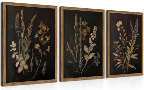Framed Dark Botanical Wall Art Set of 3, Black Moody Floral Wall Decor Paintings, Dark Academia Decor, Vintage Flower Artwork Prints Pictures for Living Room Bedroom Bathroom 12x16 Inch - color: Dark Flowers, size: 16L" x 12W"