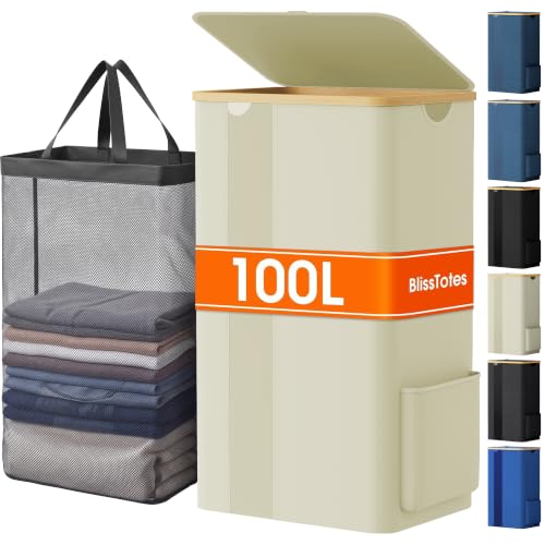 BlissTotes 100L Laundry Basket Hamper with Lid & Removable Bag,Beige | Clothes Laundry Hamper with Handles,Breathable Design Hamper for Bedroom, Bathroom, Dorm, Laundry Room - color: Beige, size: 100l