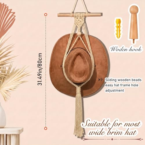 Macrame Hat Hangers Racks Boho Cowboy Hats Holders Western Display Organizer Storage decor Back of Door for Wall(Beige,One Hat Style) - color: Beige, style: One Hat Style