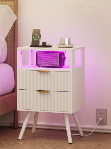 Leomonio Nightstand with Charging Station and LED Lights, Modern Bedside Table with 2 Storage Drawer and Open Wood Shelf for Bedroom and Small Spaces, Night Stand with Solid Wood Legs - color: White-outlet