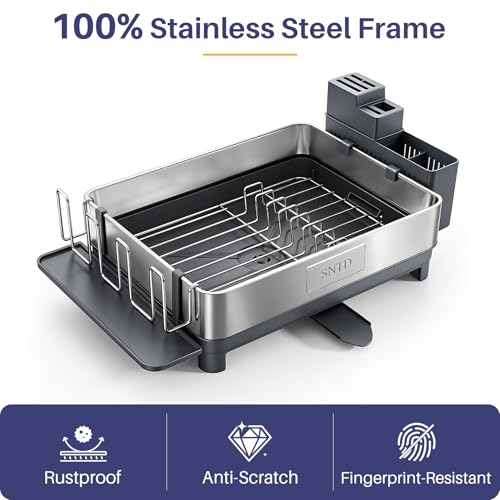 SNTD 304 Stainless Steel Dish Drying Rack for Small Kitchen Counter, Grey | Rustproof, Large Capacity, Heavy-Duty Frame, Rotating Spout, Angled Drainboard, Removable Cup & Utensil Holder - color: Gray