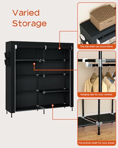 CASAMAYA Portable Closet, 61.8 Inch Large Capacity Wardrobe Closet with Cover, Clothes Storage Organizer with Shelves and 2 Hanging Rods, Easy to Assembly, Black PCT222B01 - size: 61.8"L x 17.7"W x 70.9"H