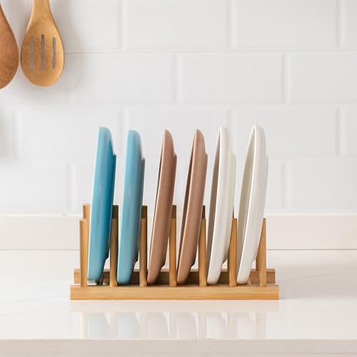 HBlife 4pcs Bamboo Dish Plate Bowl Cup Book Pot Lid Cutting Board Drying Rack Stand Drainer Storage Holder Organizer Kitchen Cabinet（Keep Dry） - color: Bamboo 6 Slots 4pcs