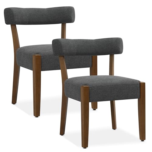 RNKSFX Upholstered Dining Chairs Set of 2, Walnut Wooden Kitchen & Dining Room Chairs, Mid Century Modern Fabric Farmhouse Dining Chairs Oversized Sturdy Rounded Chairs Curved Back, Dark Grey - color: Dark Grey