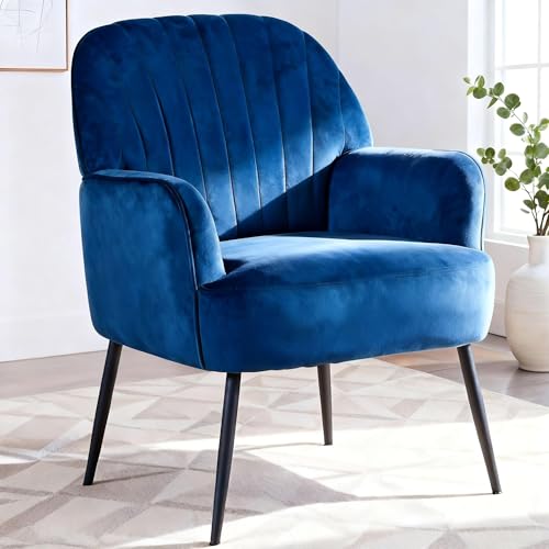 GDFStudio 25" Velvet Accent Chair with Arms and Back, Modern Shell-Shaped Upholstered Barrel Chairs, Small Comfy Reading Chair Lounge Chairs with Solid Legs for Living Room Bedroom Office Cafe, Blue - color: Blue