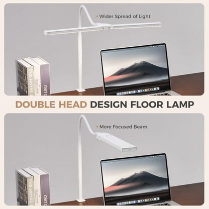 LED Desk Lamp for Home Office, Double Head Desk Light with Clamp | 3 Modes 10 Brightness, Long Flexible Goose-Neck, Eye-Caring, Memory Function, Energy Efficient, USB Adapter, Metal, White - color: White Pro