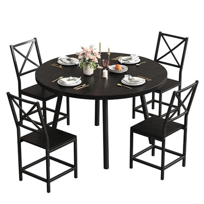 IRONCK Dining Table Set for 4, Round Kitchen Table and 4 Stool Chair for Dining Room, 44.5inch Drop Leaf Desk, Small Space Saving, Black