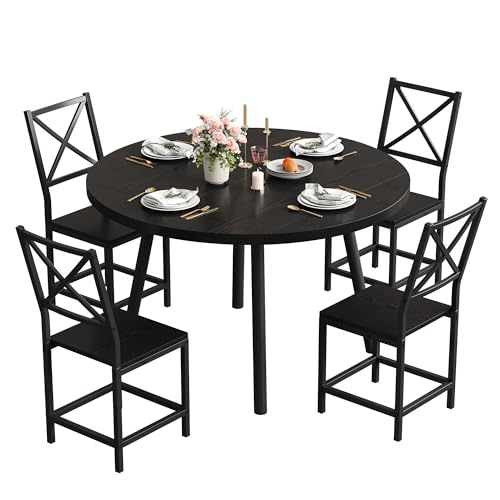IRONCK Dining Table Set for 4, Round Kitchen Table and 4 Stool Chair for Dining Room, 44.5inch Drop Leaf Desk, Small Space Saving, Black