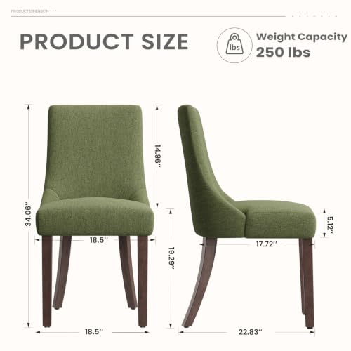 MALOL Wooden Dining Chairs Set of 2, Upholstered Kitchen & Dining Room Chairs with Solid Wood Legs Curved Backrest Farmhouse Accent Chair for Dining/Kitchen/Living Room, Green - color: Green, size: Set of 2