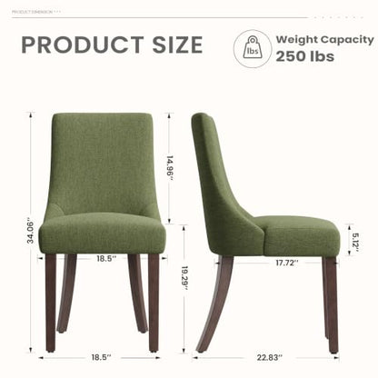 MALOL Wooden Dining Chairs Set of 2, Upholstered Kitchen & Dining Room Chairs with Solid Wood Legs Curved Backrest Farmhouse Accent Chair for Dining/Kitchen/Living Room, Green - color: Green, size: Set of 2