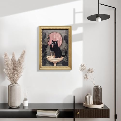 Gatheroad Gold Framed Vintage Canvas Wall Art Prints, Black Cat Bathroom Wall Art, Boho Farmhouse Funny Animal Decor for Living Room Bedroom Office Bathroom, 12x16 Inch - color: Dark Sink-Cat, size: 12X16inch