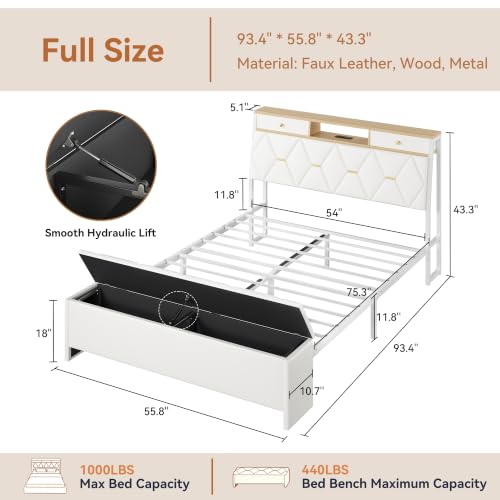 FreeHouse Full Size Bed Frame with Headboard & Storage, All Metal Structure | PU Leather Upholstered Bed Frame Full Size with Charging Station, Diamond Tufted, Gold Accents, No Box Spring Needed, White - color: White, size: Full