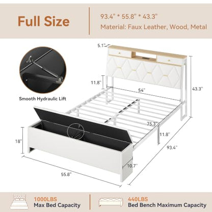 FreeHouse Full Size Bed Frame with Headboard & Storage, All Metal Structure | PU Leather Upholstered Bed Frame Full Size with Charging Station, Diamond Tufted, Gold Accents, No Box Spring Needed, White - color: White, size: Full