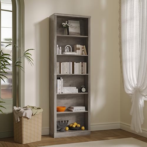 Thacuok Grey Bookshelf, 75" Tall Bookcase, 6 Tier Adjustable Storage Shelves, Book Shelf with Anti-Tipping Device, Floor Standing Modern Display Rack for Living Room, Bedroom, Office - color: Grey