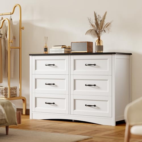 Gizoon 47" 6 Drawer Dresser, White & Black Chest of Drawers Bedroom | 6 drawer wood dresser with metal handles. Storage cabinet organizer for bedroom, kids nursery room and home office - color: White-black