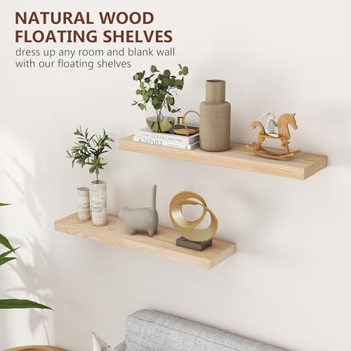 fuqing 30 Inch Floating Shelves 6.7'' Deep Natural Wood Shelves Set of 2 | 30'' x 6.7'' x 1.4'' Natural Wood Shelves for Bathroom Living Room, 40LBS, Lightweight, Hardware Included, Waterproof Finish - color: Natural, size: 30 Inch