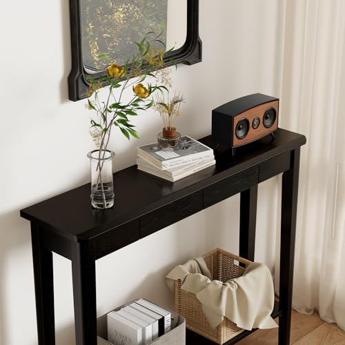 AQIMUELE Wood Console Table with Drawers, Mid Century Modern Console Table Black for Entryway, Living Room, Hall Way. - color: Black