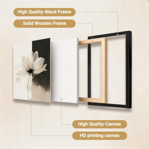 Framed Abstract Wall Art, Black and Beige Minimalist Canvas Print | Lotus Bloom Modern Soft Neutral-toned Ink-style Wall Decor, Artwork for Bedroom, Living Room and Dining Room, 16×20 Inch - color: Lotus Bloom, size: 20"L x 16"W