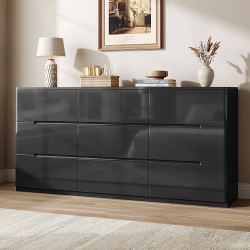 High Gloss Dresser for Bedroom, 60.2" Wide 9 Drawer Dresser, Black | Modern Dresser Chest of Drawers, Handle-less Design, High Gloss Panel, Dresser TV Stand, Wooden Dressers for Bedroom, Closet - color: Black, size: 15.7"D x 60.2"W x 31.5"H (9 Drawers)