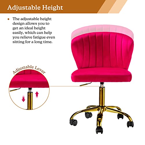 TINA'S HOME Office Desk Chairs with Wheels & Gold Base, Modern Velvet Cute Armless Office Chair, Adjustable Low Back Swivel Rolling Chair, Upholstered Task Chair for Living Room Vanity Study-Fushia | Modern Velvet Cute Armless Office Chair, Adjustable Low