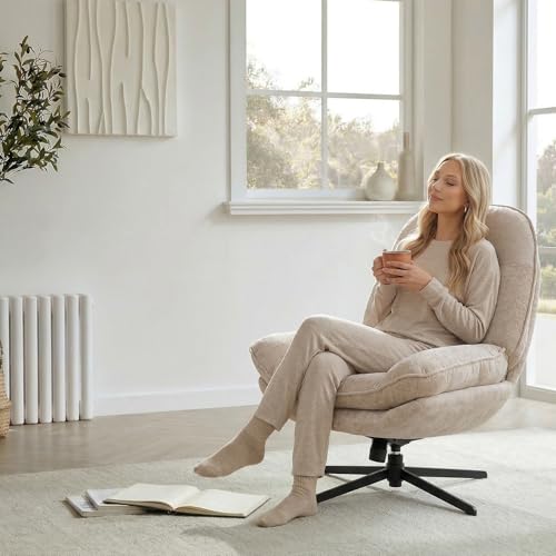 GINGO 24" High Back Swivel Accent Chair Set of 2 for Living Room, Beige | Large Accent Chair, Comfy Reading Chair Oversized, Slightly Rocking Upholstered Armchair, Ergonomic Fabric Modern Chair - color: Beige
