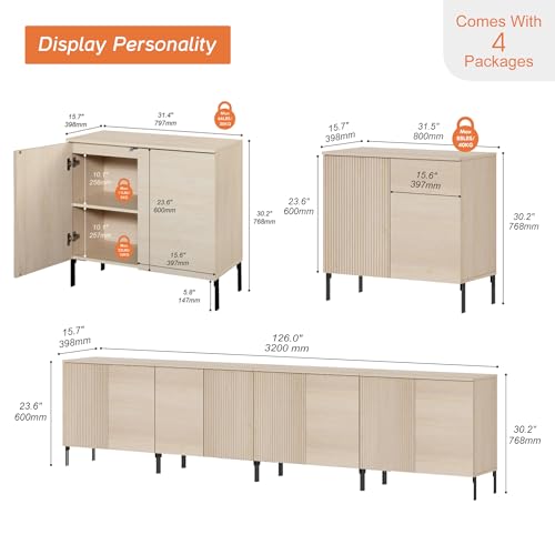 WAMPAT 4 in 1 Modern TV Stand TVs up to 120 inches, Fluted 126" W Entertainment Center with 8 Doors Storage and Adjustable Shelves, Wood Media TV Consoles Table with Storage for Living Room, Beige - color: Beige, size: 126" W