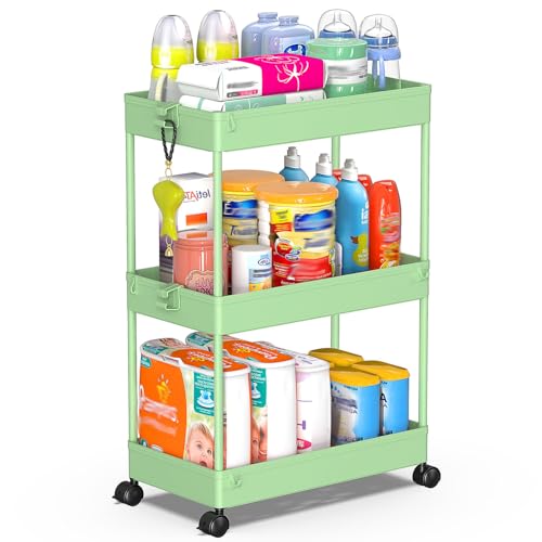 SPACEKEEPER 3 Tier Rolling Cart, Bathroom Cart Organizer with Wheels, Green | Mobile Storage Cart for Laundry Room Organization,Kitchen,Office,Bathroom, Utility Cart for Snack,Craft,Art,Makeup,Nail,Toys - color: Green, size: 3 Tier