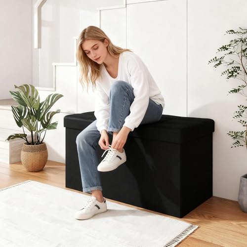 31.5" Folding Storage Ottoman Bench,Rectangle Foot Rest Stool for Living Room and Bedroom Holds 660 lbs,Synthetic Leather,Black - color: Black-31.5"