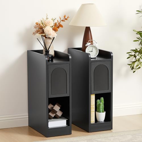 Narrow Nightstands Set of 2, Slim Bedside Tables with Raised Edge Top, Arched Drawer & Open Shelf, Modern Wooden Small End Tables for Bedroom Small Spaces (2, Black) - color: Black-arched Drawer, size: 2-Pack