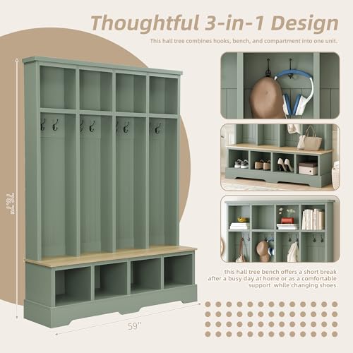 Merax Farmhouse Hall Tree with Bench and Shoe Storage, 59" Entryway Bench with Coat Rack, 3-in-1 Hall Tree with Top Compartments and 8 Hooks for Hallway, Living Room, Green - color: Green