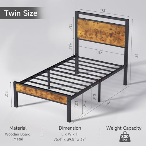 Z-hom Upgraded Twin Bed Frames, Heavy Duty Metal Sturdy Bed Frame Twin Size with Modern Wood Headboard & Footboard, Stable Platform Bed Furniture Bed Storage, No Noise, No Box Springs, Vintage Brown | Metal Platform Bed Frame with Underbed Storage Space,N
