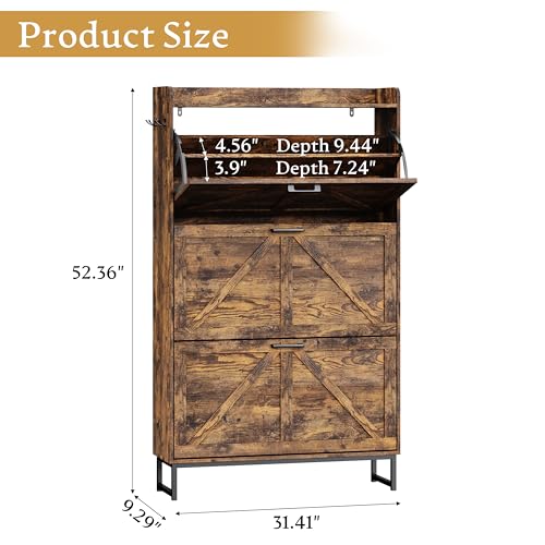 Shoe Cabinet Storage for Entryway, Shoe Storage Cabinet with 3 Flip Drawers, Freestanding Narrow Shoe Rack Organizer with Metal Legs & Side Hook for Foyer, Hallway, Brown - color: Brown, style: 3 Drawers