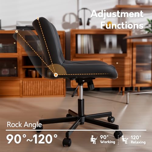 Armless Desk Chair, Morden Home Office Chair no Arms, Adjustable Height & Rocking Computer Chair, PU Leather Vanity Chair, Ergonomic Seat Soft Padded Desk Chairs for Home Small Space, Black - color: Black