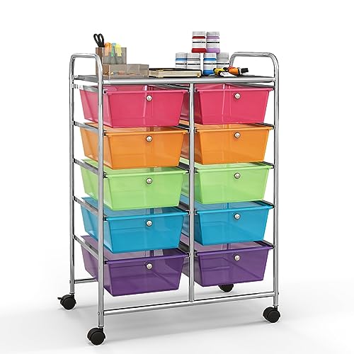 Giantex 10 Drawers Rolling Cart, Classroom Organizers, Storage Cart with Wheels, for Teacher Office Home School Supplies Tool Craft Art Paper - color: Multicolor, size: 10 Drawers Big