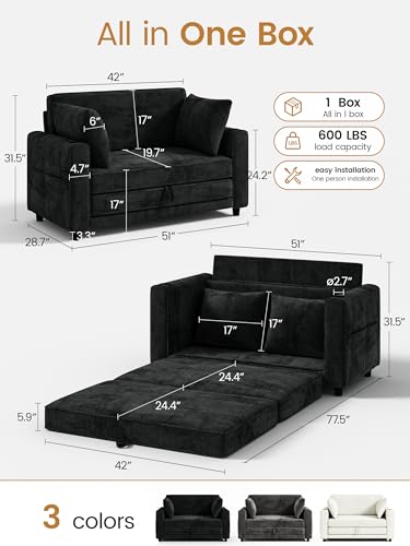 51" Loveseat Convertible Sofa Bed with Cup Holder, Small Couch 2 in 1 Pull Out Sleeper Couch, Floor Folding Couch Sofa with Two Pillows for Living Room, Apartment, Dorm (Black) - color: Black