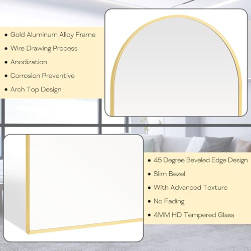 Gold Arched Mirror 20x30in, Metal Framed Bathroom Vanity Wall | Tempered Glass, Shatter Proof, Living Room Bedroom Entryway, Modern Elegant Design - color: Gold, size: 30"L x 20"W, style: Arched