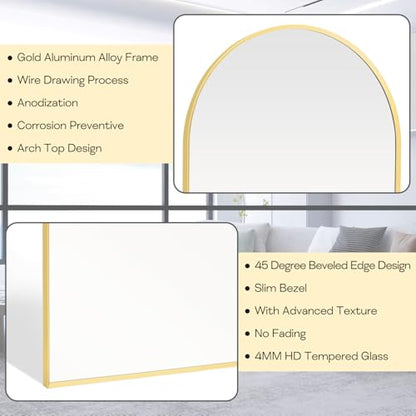Gold Arched Mirror 20x30in, Metal Framed Bathroom Vanity Wall | Tempered Glass, Shatter Proof, Living Room Bedroom Entryway, Modern Elegant Design - color: Gold, size: 30"L x 20"W, style: Arched