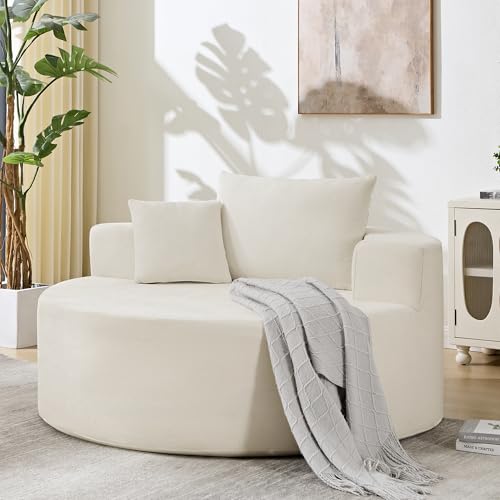 55in Round Chaise Longue Chair Indoor Modern Oversize Upholstered Deep Seat Circle Single Cloud Lounge Floor Sofa Bed with Pillow for Living Room Bedroom Apartment (Beige) - color: Beige