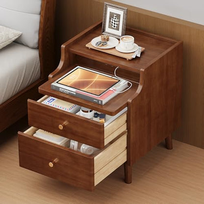 Nightstand with Drawers, 15.7" Solid Wood Side Table for Bedroom, Modern Bedside Table with Pull-Out Tray & Cable Management, Walnut - color: Walnut, size: 16"