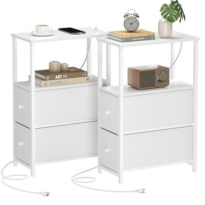 TUTOTAK Narrow End Table with Charging Station, Skinny Side Table | Bedside Table with Outlets, Nightstand with 2 Cloth Drawers, Couch Table for Living Room, Bedroom, White TB01BW055 - color: White, style: 2 Drawers & Plug