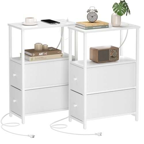 TUTOTAK Narrow End Table with Charging Station, Skinny Side Table | Bedside Table with Outlets, Nightstand with 2 Cloth Drawers, Couch Table for Living Room, Bedroom, White TB01BW055 - color: White, style: 2 Drawers & Plug